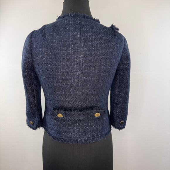 TORU BURCH Emma Navy Metallic Crop Jacket Tweed Fringe Trim Round Neck Size 0 - Picture 3 of 7